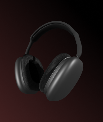 A grey and black aluminium headset with a red background.